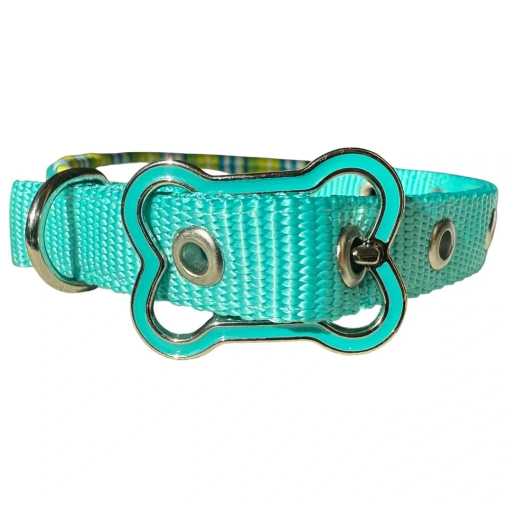 NWOT Padded Adjustable Small Teal Blue Green Dog Collar Bone Shape Enamel Buckle